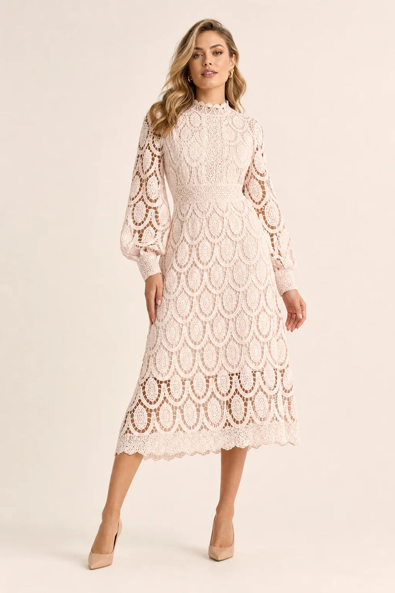 Sofaine Genevieve high-neck guipure lace A-line midi dress in Apricot, hero