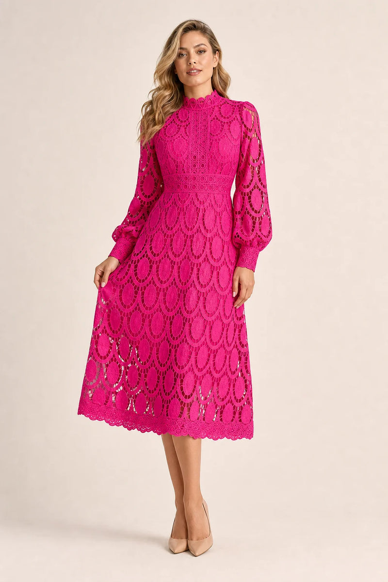 Sofaine Genevieve high-neck guipure lace A-line midi dress in Pink, worn on model