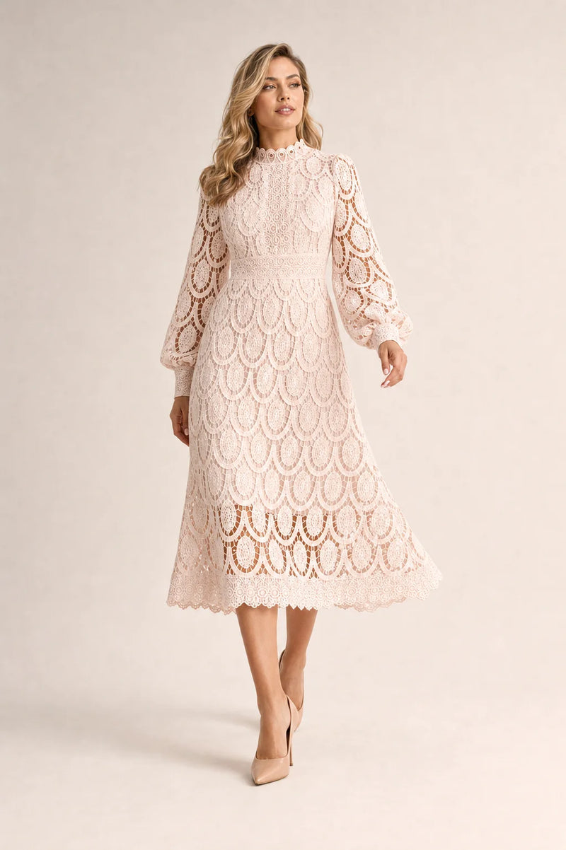 Sofaine Genevieve high-neck guipure lace A-line midi dress in Apricot, styled full look