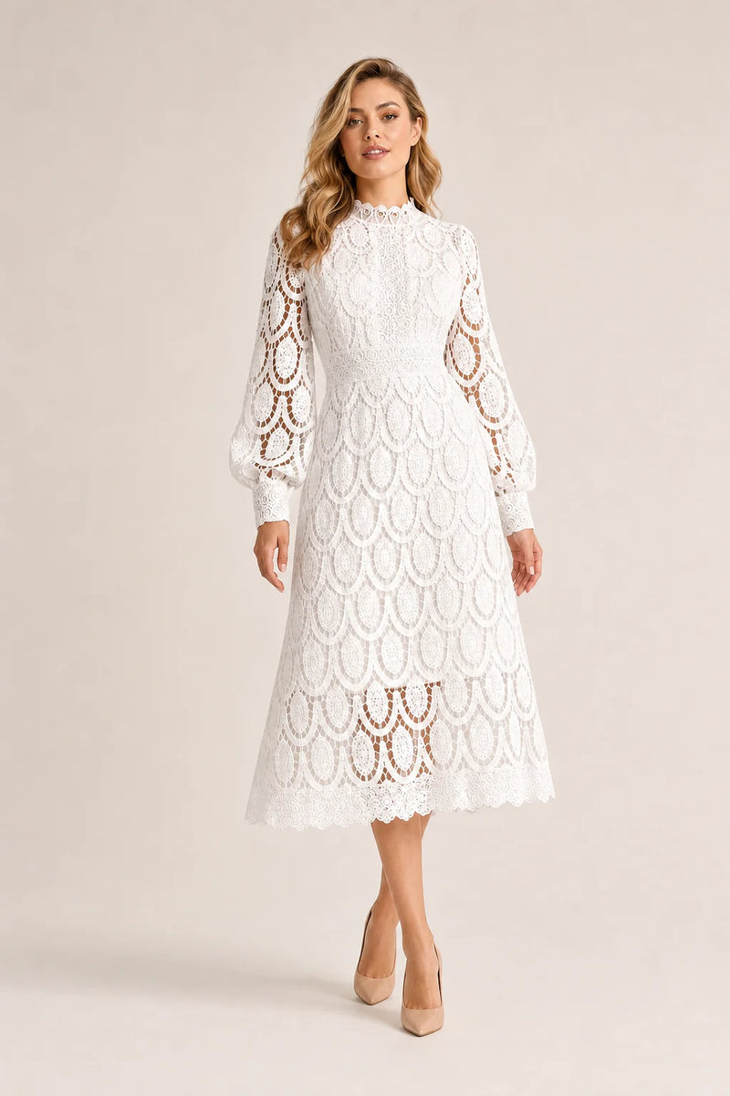 Sofaine Genevieve high-neck guipure lace A-line midi dress in White, worn on model