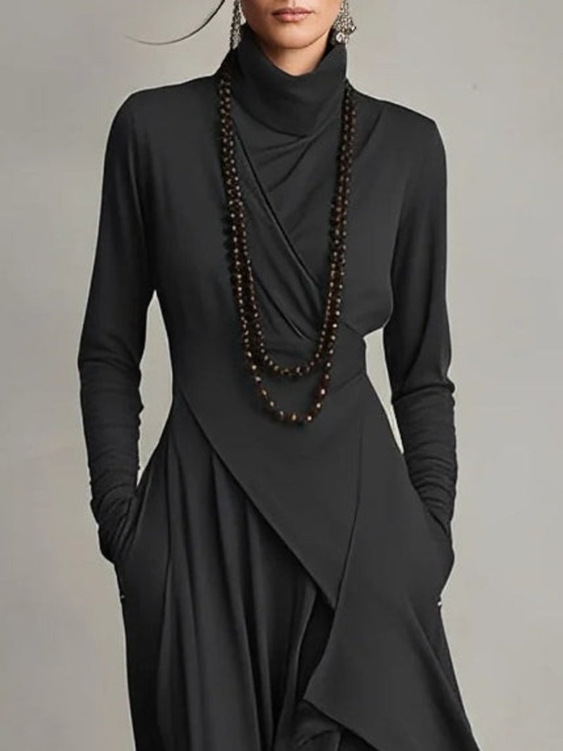 Draped Turtleneck Maxi Dress for Women with Asymmetrical Hem and Pockets in Black, close-up