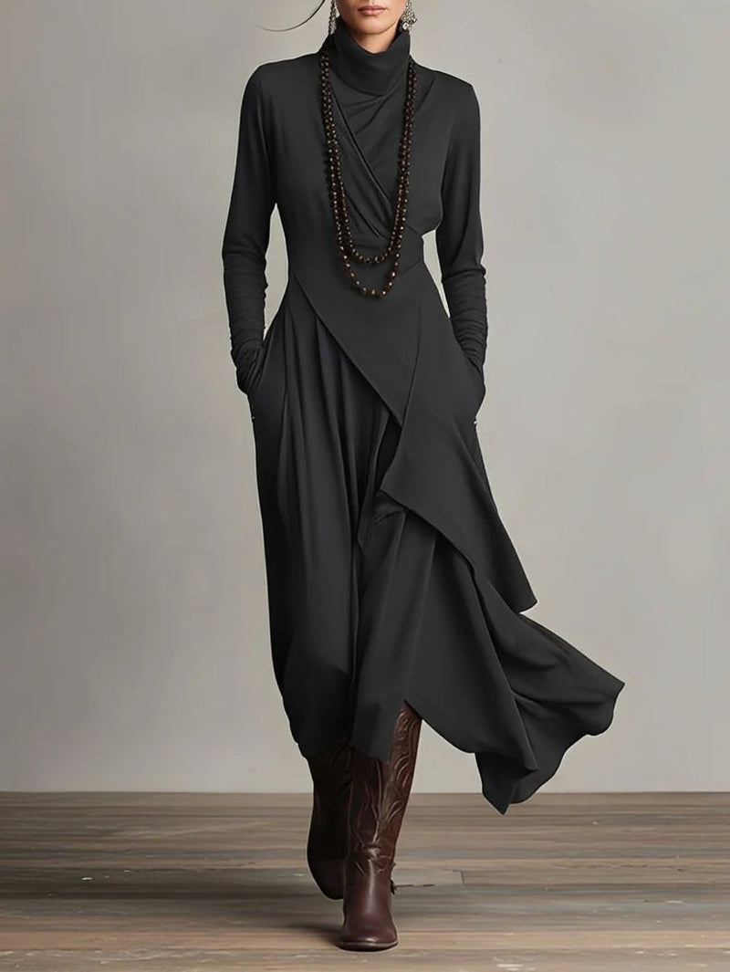 Draped Turtleneck Maxi Dress for Women with Asymmetrical Hem and Pockets in Black, front view