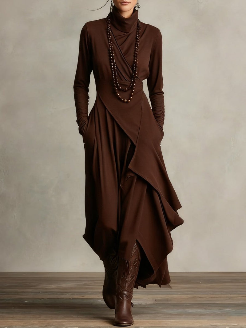 Draped Turtleneck Maxi Dress for Women with Asymmetrical Hem and Pockets in Brown, front view