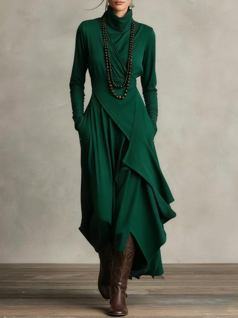 Draped Turtleneck Maxi Dress for Women with Asymmetrical Hem and Pockets in Green, front view