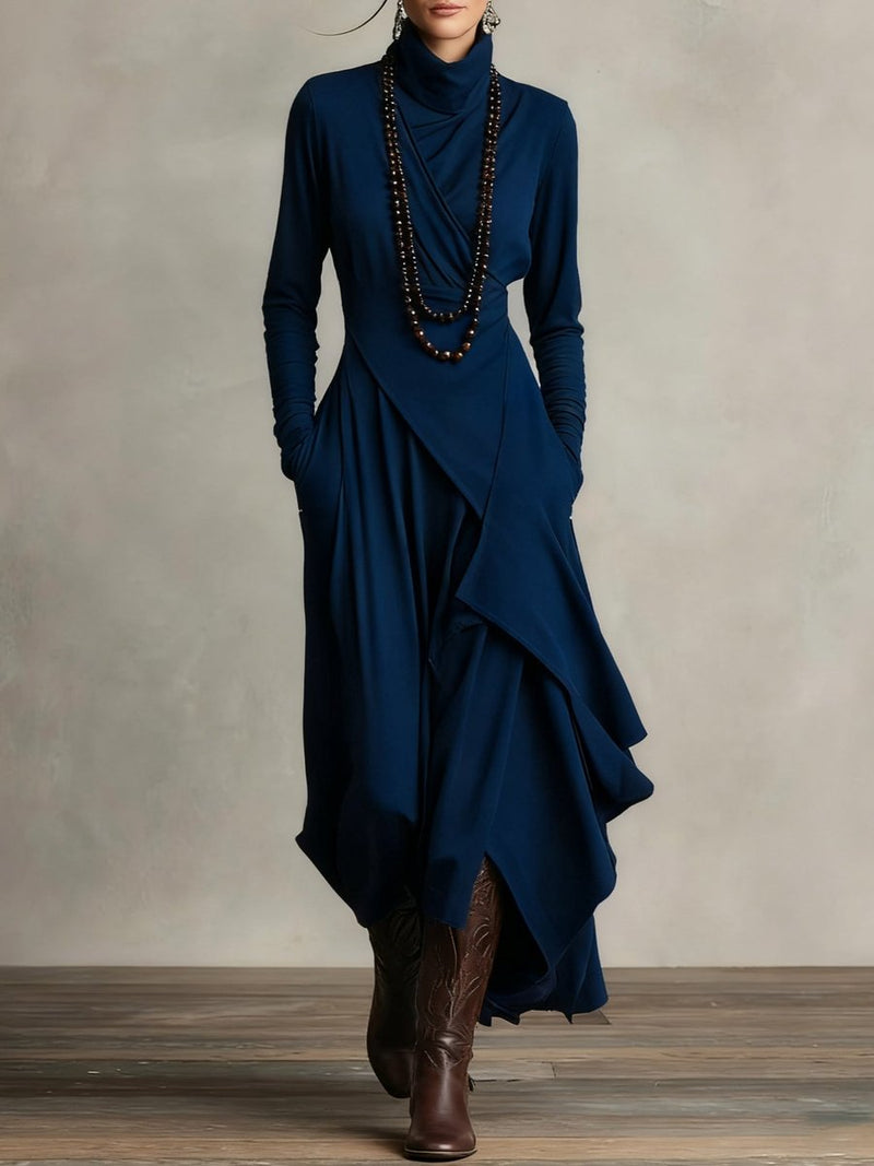 Draped Turtleneck Maxi Dress for Women with Asymmetrical Hem and Pockets in Navy Blue, front view