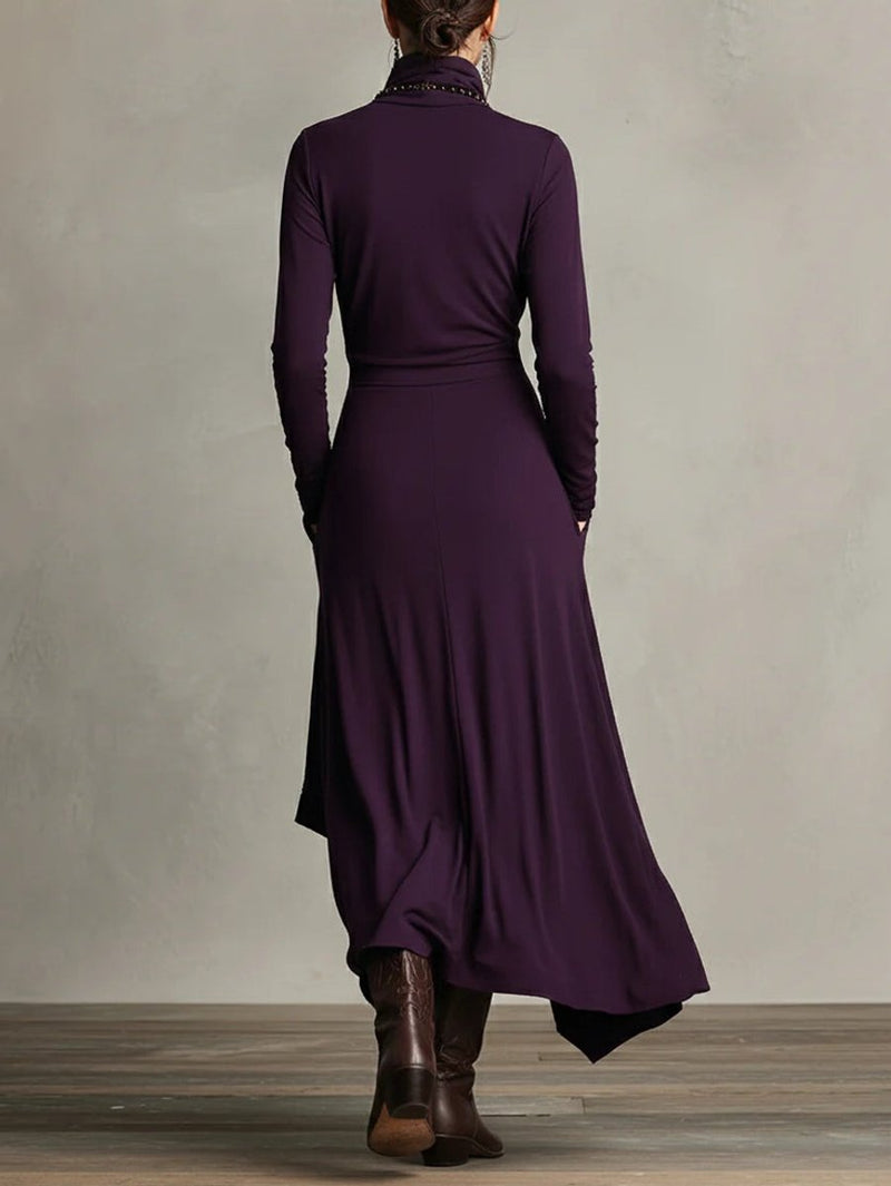 Draped Turtleneck Maxi Dress for Women with Asymmetrical Hem and Pockets in Purple, back view