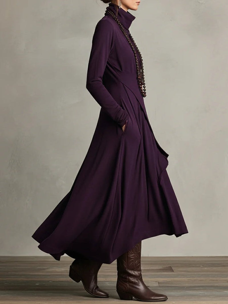 Draped Turtleneck Maxi Dress for Women with Asymmetrical Hem and Pockets in Purple, side view