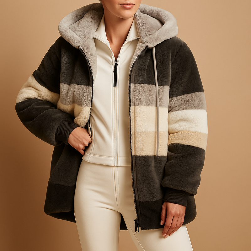 Color Block Hooded Sherpa Jacket for Women with Full Zip and Pockets in Black, front view
