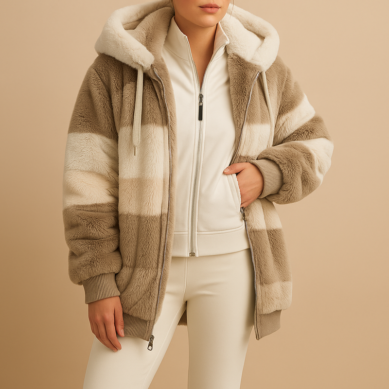 Color Block Hooded Sherpa Jacket for Women with Full Zip and Pockets in Brown, front view