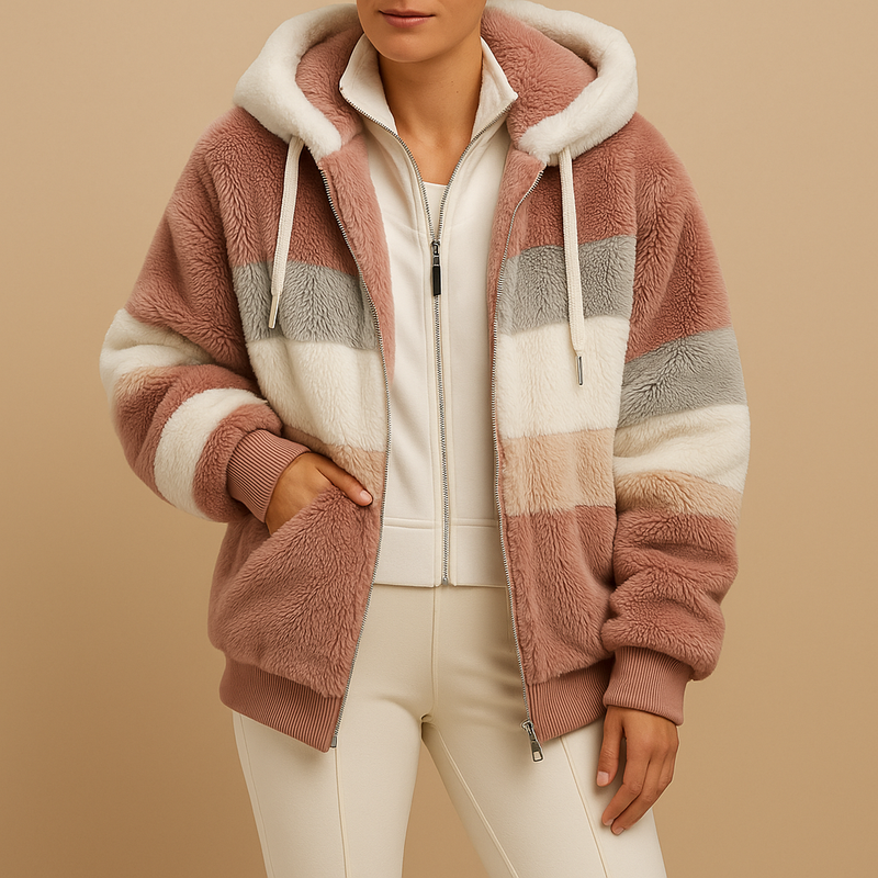 Color Block Hooded Sherpa Jacket for Women with Full Zip and Pockets in Dusty Pink, front view