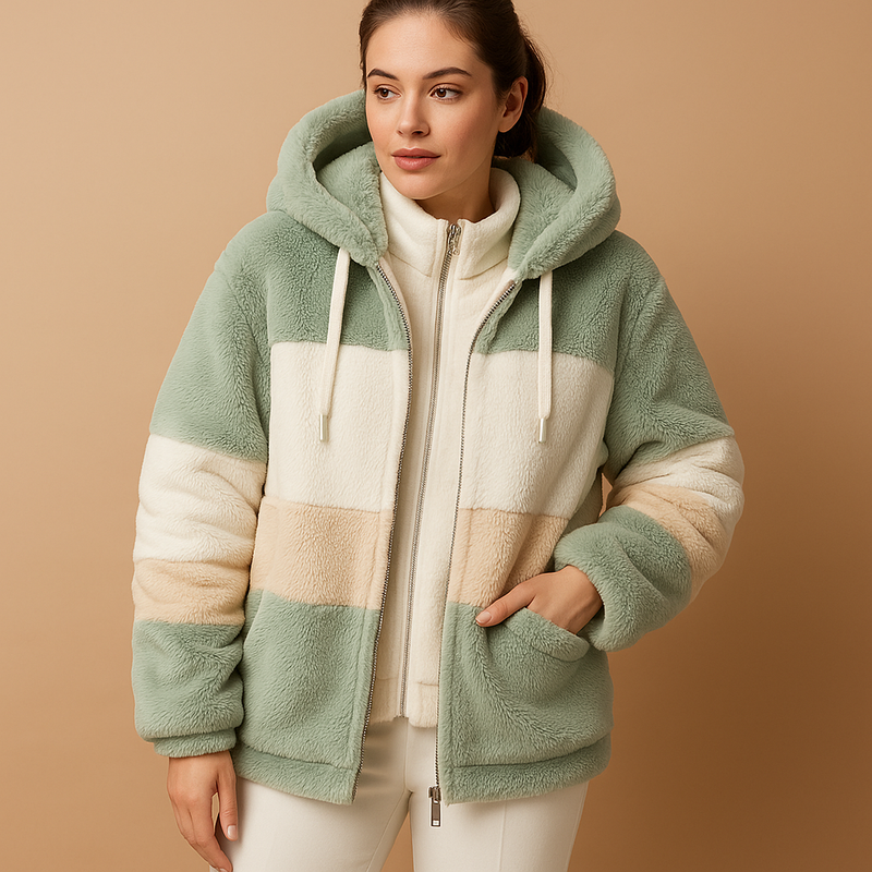 Color Block Hooded Sherpa Jacket for Women with Full Zip and Pockets in Green, front view