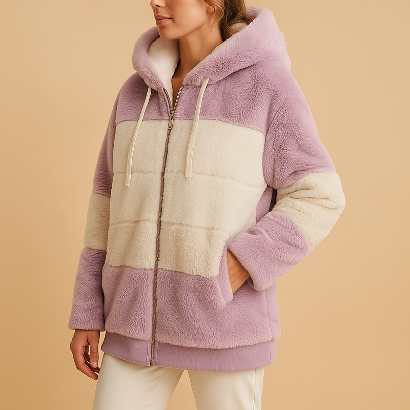 Color Block Hooded Sherpa Jacket for Women with Full Zip and Pockets in Purple, side view