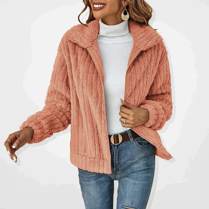 Ribbed Plush Fleece Jacket for Women with Lapel Collar and Full Zip in Coral, front view