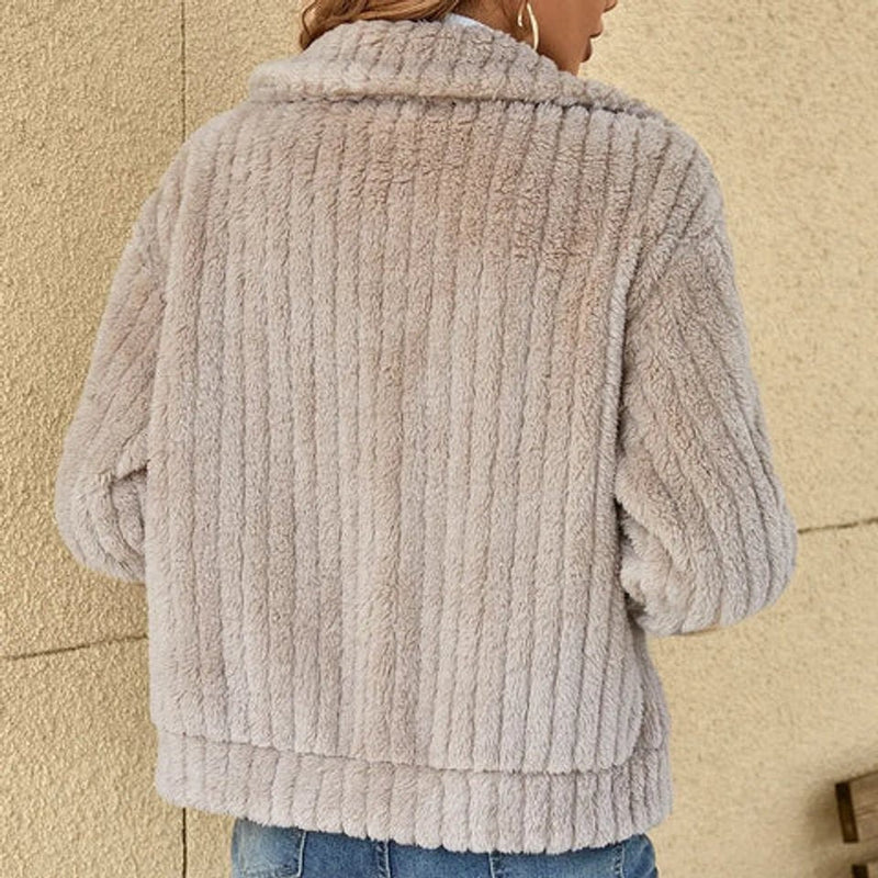 Ribbed Plush Fleece Jacket for Women with Lapel Collar and Full Zip, back view