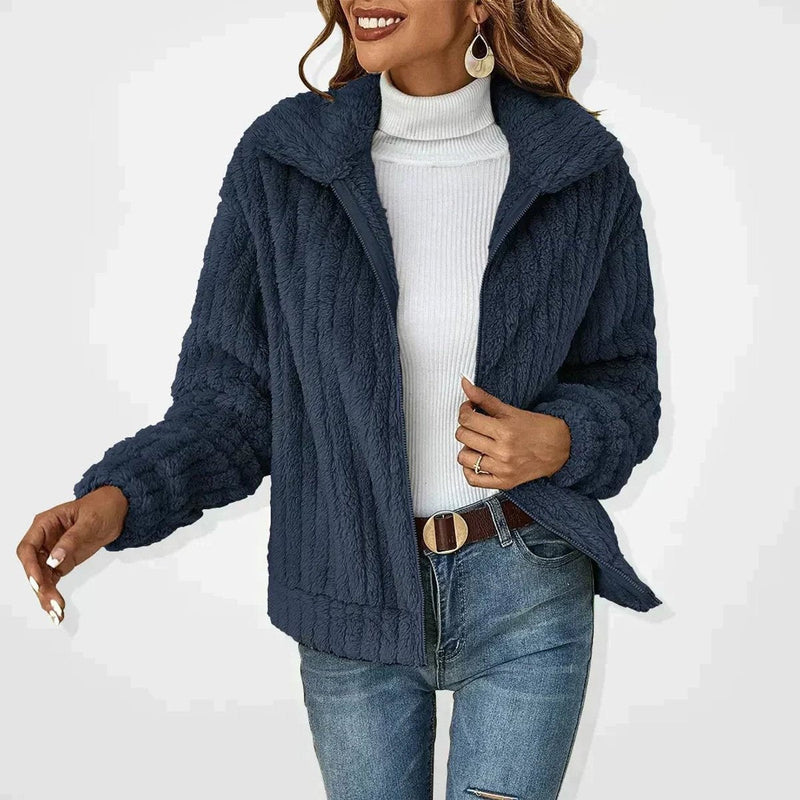 Ribbed Plush Fleece Jacket for Women with Lapel Collar and Full Zip in Navy Blue, front view