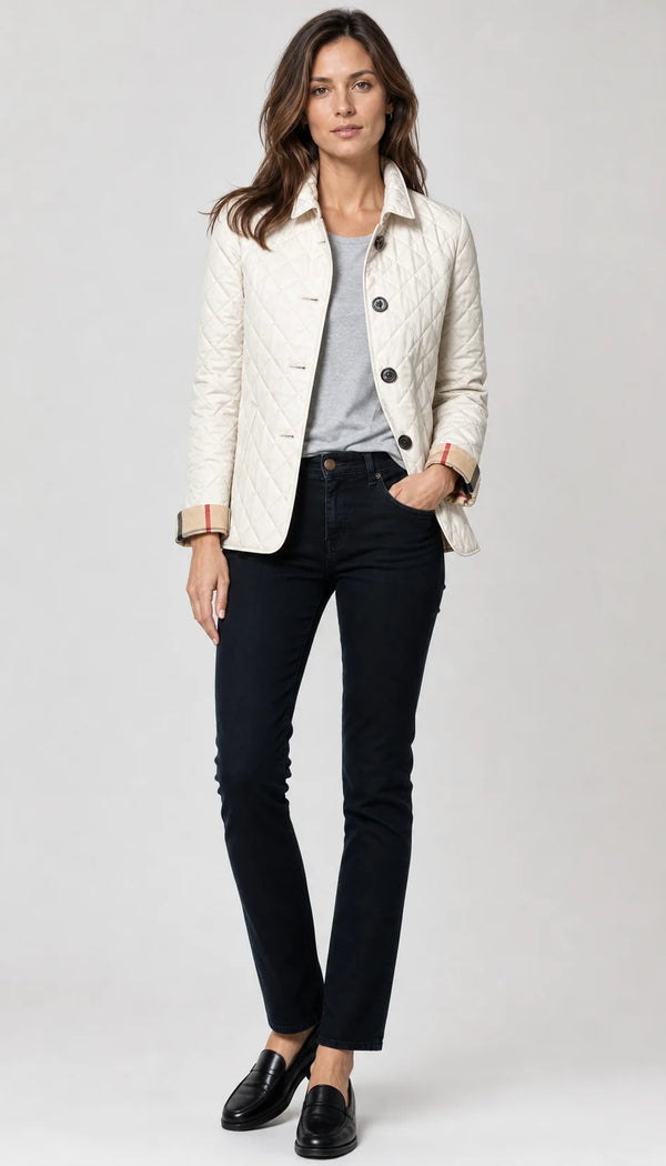 Sofaine Madison lightweight diamond-quilted jacket in White, worn front hero