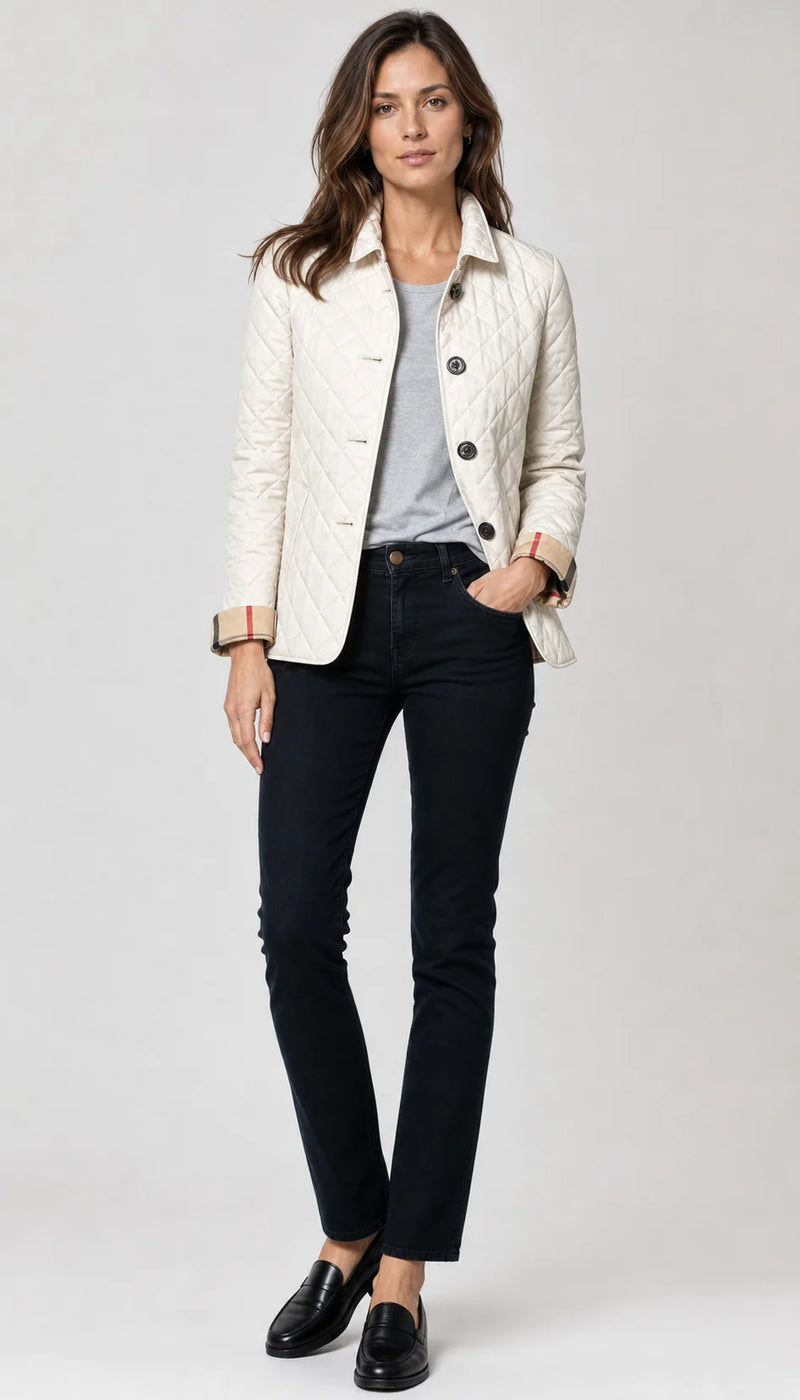Sofaine Madison lightweight diamond-quilted jacket in White, worn front hero
