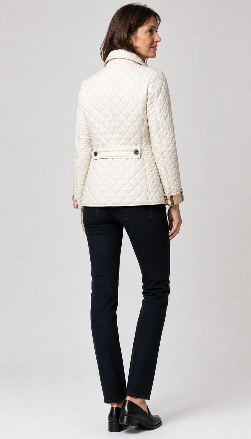 Sofaine Madison lightweight diamond-quilted jacket in White, worn back