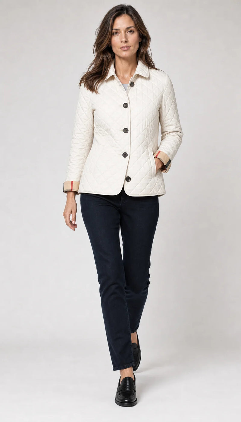 Sofaine Madison lightweight diamond-quilted jacket in White, styled full look