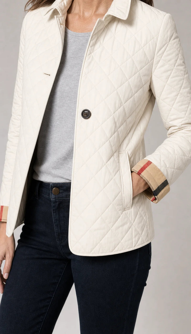 Sofaine Madison lightweight diamond-quilted jacket in White, quilt and cuff detail