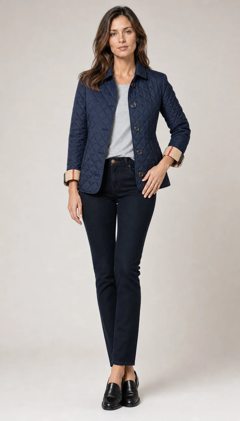 Sofaine Madison lightweight diamond-quilted jacket in Blue, worn front