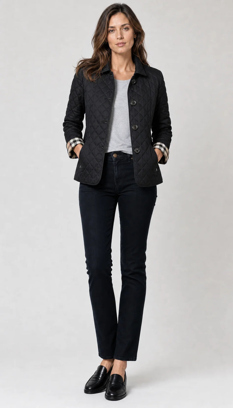 Sofaine Madison lightweight diamond-quilted jacket in Black, worn front