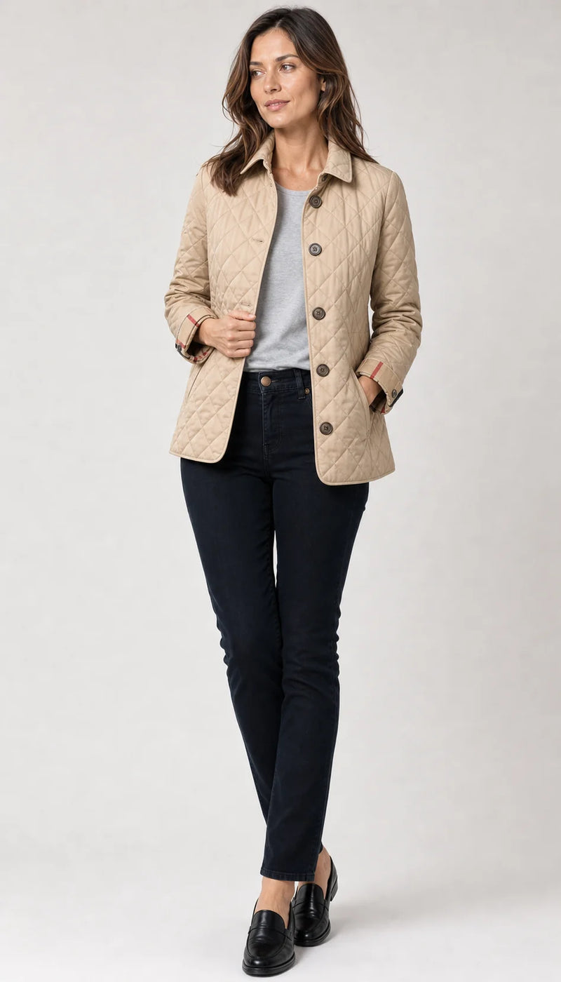 Sofaine Madison lightweight diamond-quilted jacket in Khaki, worn front