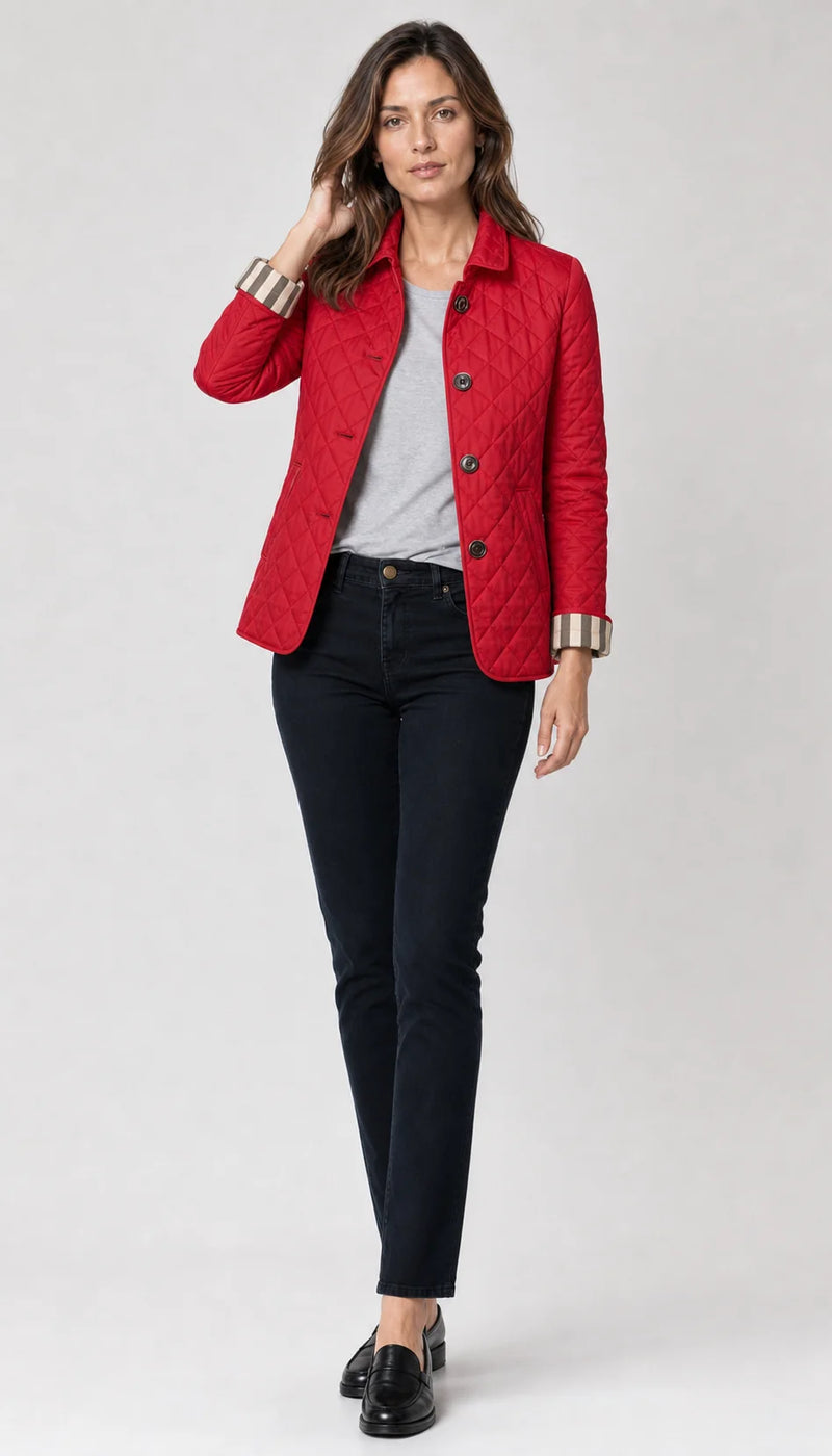 Sofaine Madison lightweight diamond-quilted jacket in Red, worn front