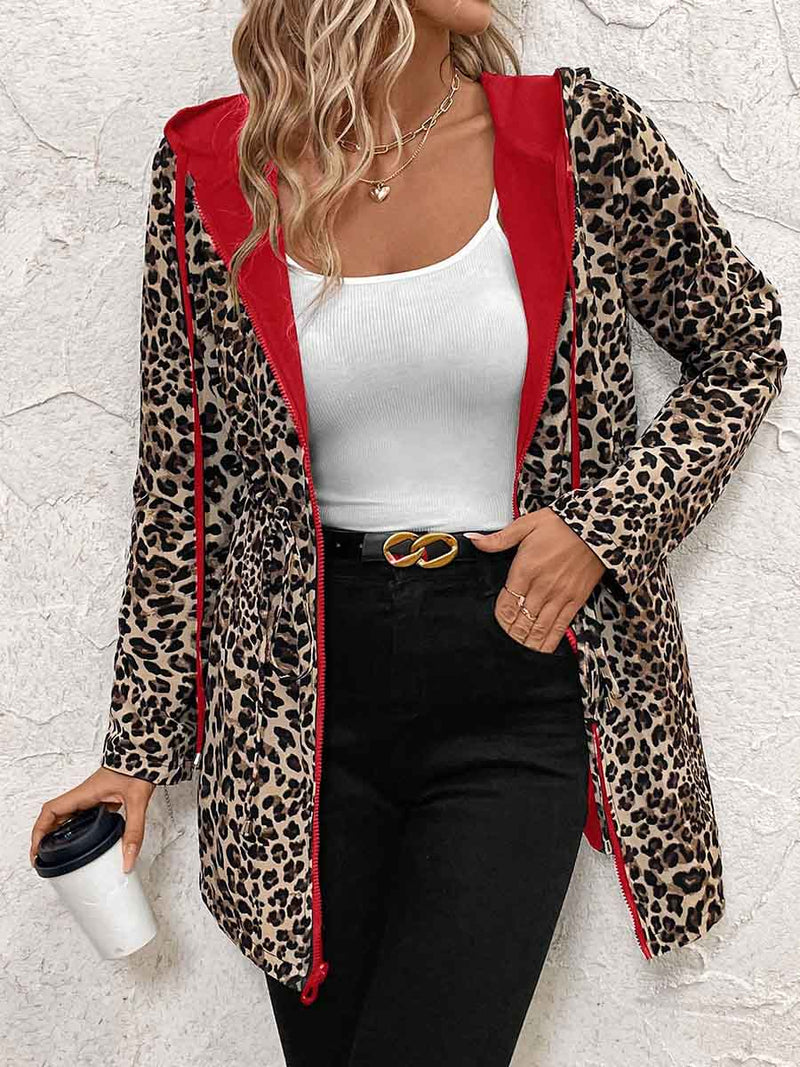 Reversible Leopard Print Jacket for Women with Hood and Drawstring Waist in Red, front view