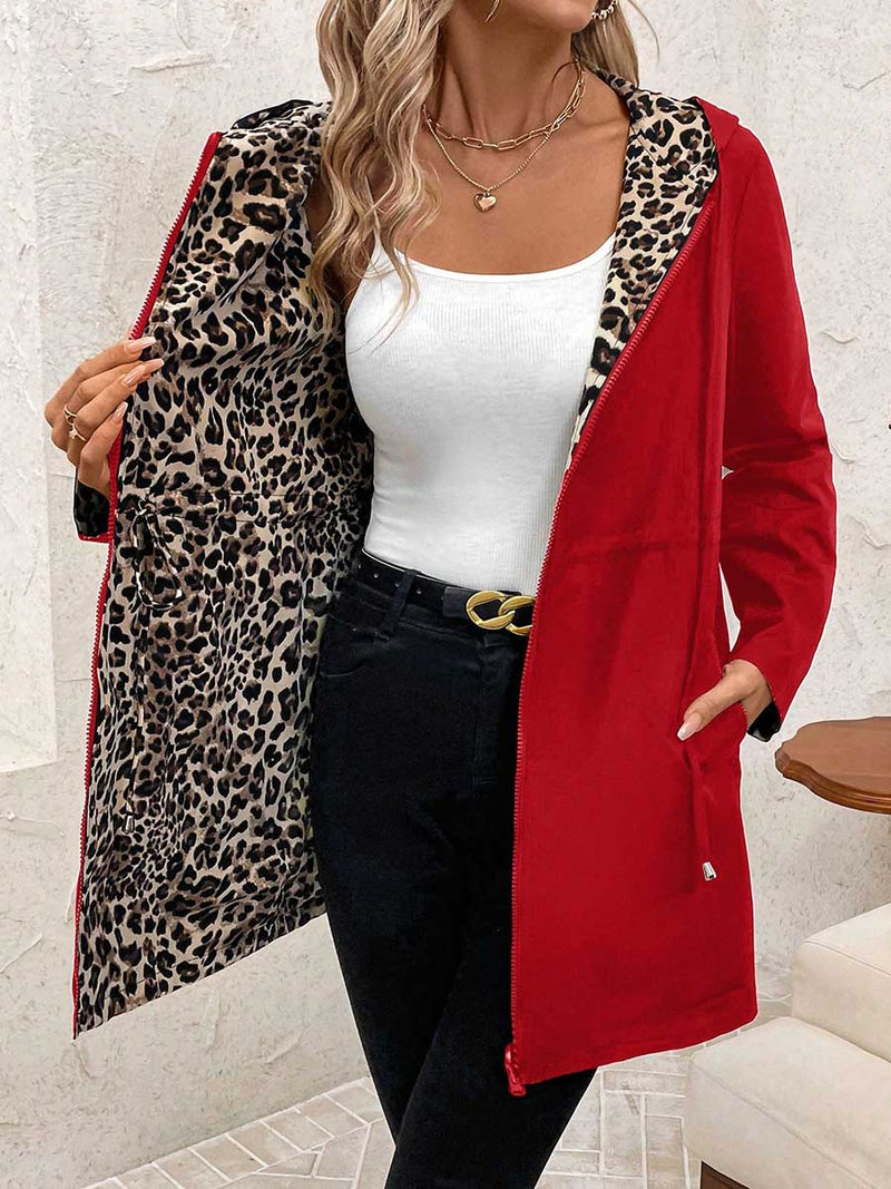 Reversible Leopard Print Jacket for Women with Hood and Drawstring Waist in Red, red side out open front view