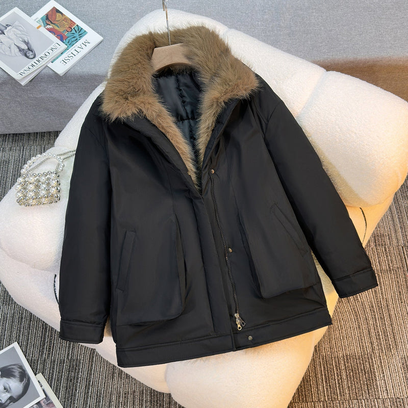 Padded Parka Jacket for Women with Detachable Faux Fur Collar in Black, front view