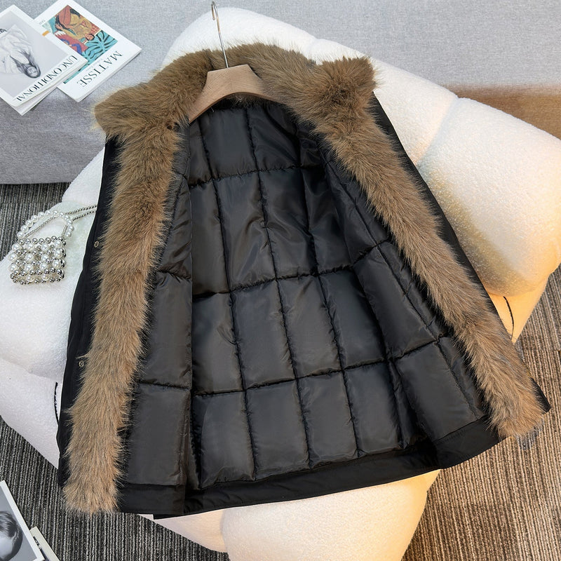 Padded Parka Jacket for Women with Detachable Faux Fur Collar in Black, open front view