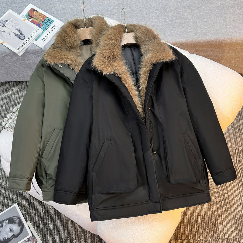 Padded Parka Jacket for Women with Detachable Faux Fur Collar, both colors view