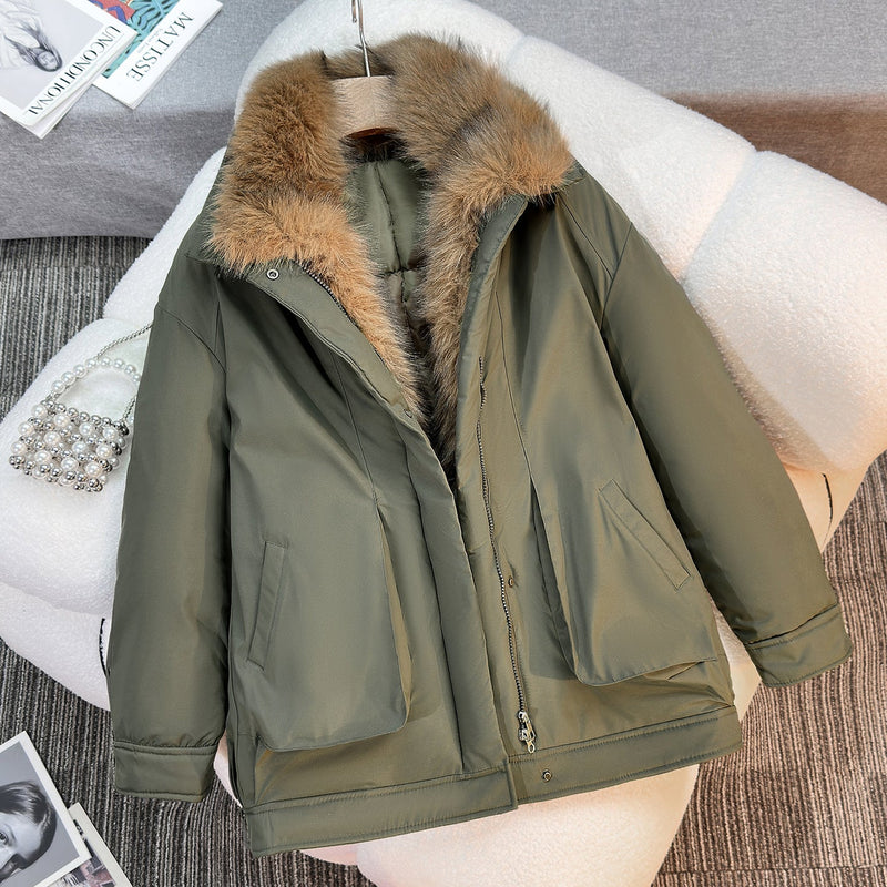 Padded Parka Jacket for Women with Detachable Faux Fur Collar in Green, front view