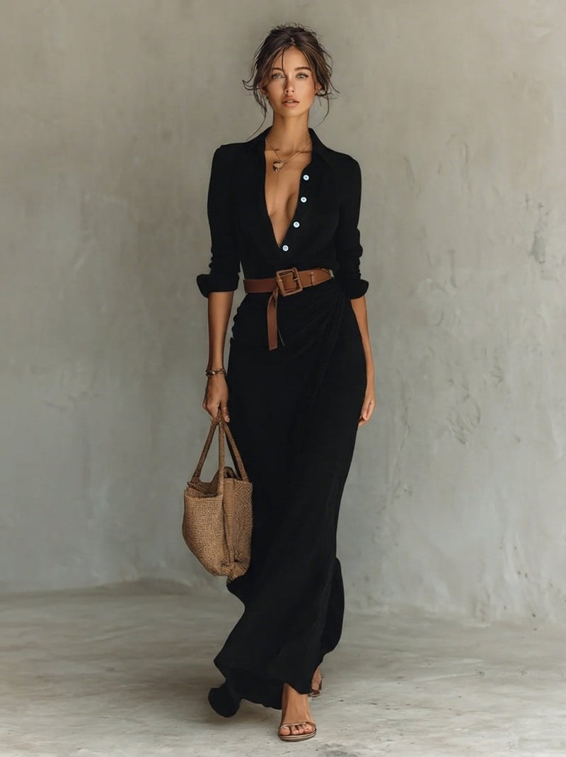 Belted Maxi Shirt Dress for Women with Button Front and Long Sleeves in Black, front view