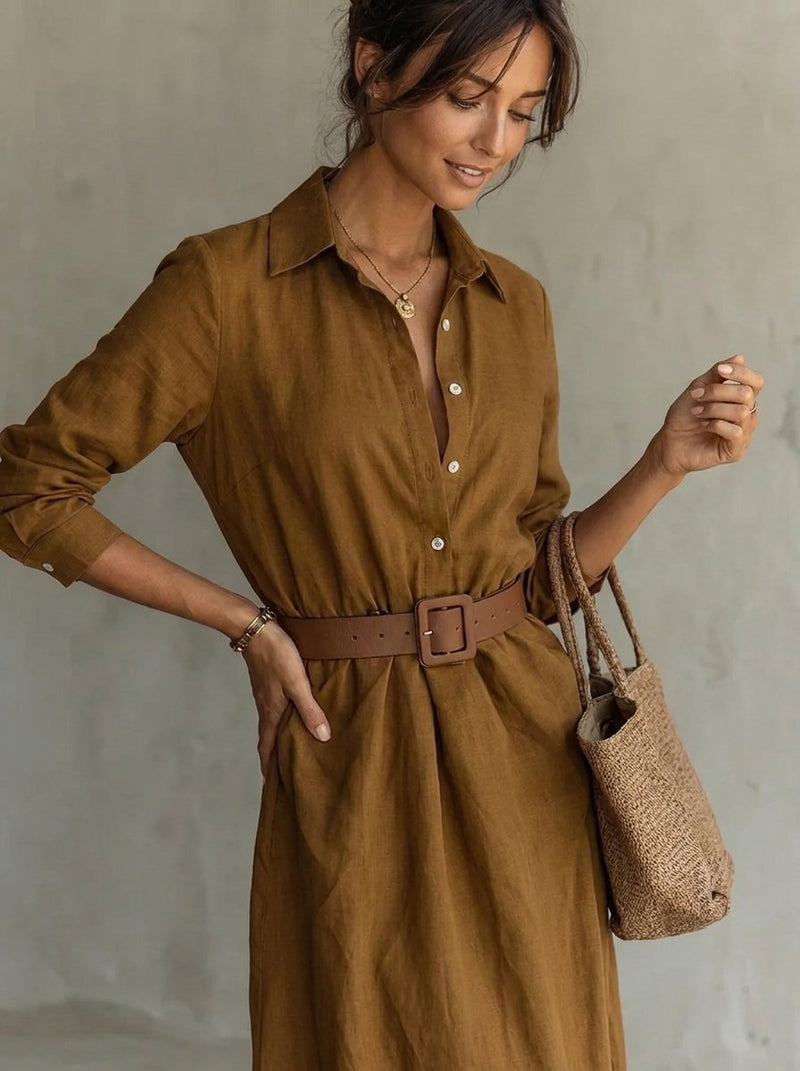 Belted Maxi Shirt Dress for Women with Button Front and Long Sleeves in Camel, close-up