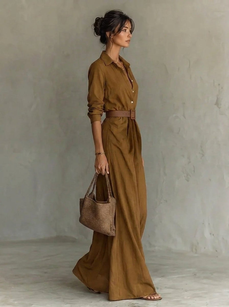 Belted Maxi Shirt Dress for Women with Button Front and Long Sleeves in Camel, side view