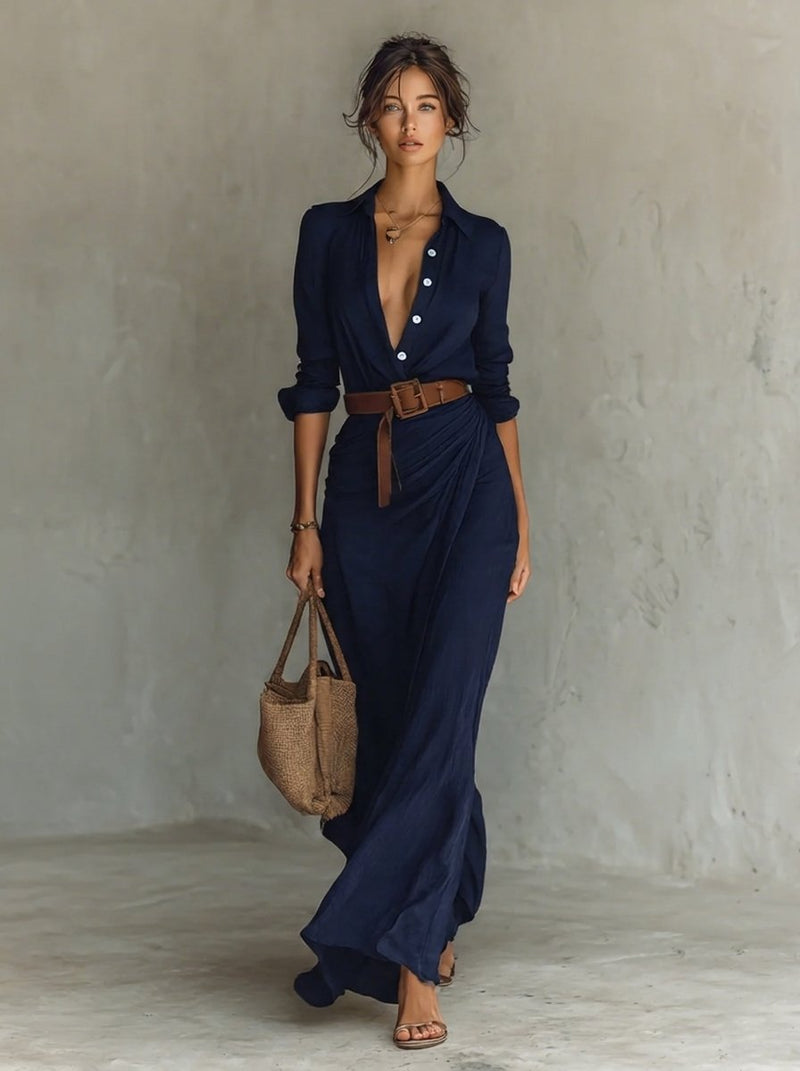 Belted Maxi Shirt Dress for Women with Button Front and Long Sleeves in Navy Blue, front view