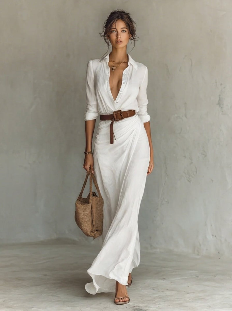 Belted Maxi Shirt Dress for Women with Button Front and Long Sleeves in White, front view