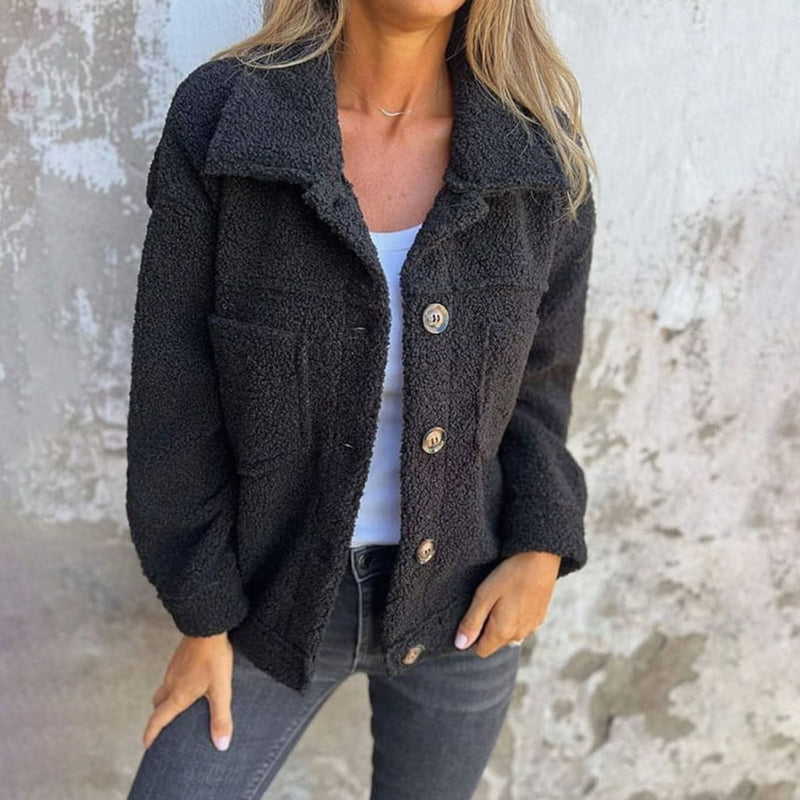 Teddy Sherpa Shacket for Women with Button Front and Chest Pockets in Black, front view