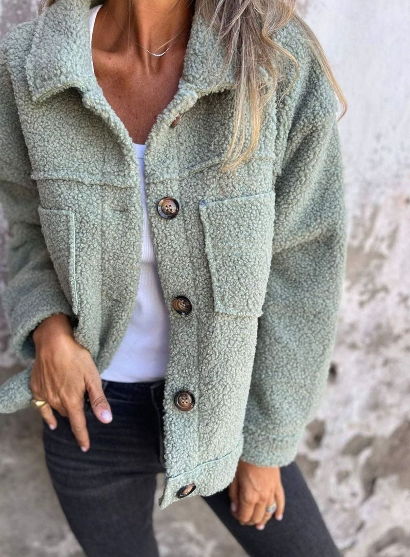 Teddy Sherpa Shacket for Women with Button Front and Chest Pockets in Green, front view