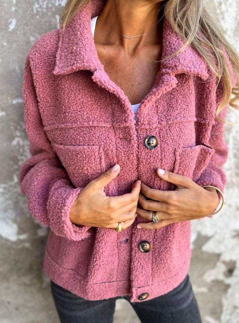 Teddy Sherpa Shacket for Women with Button Front and Chest Pockets in Pink, front view