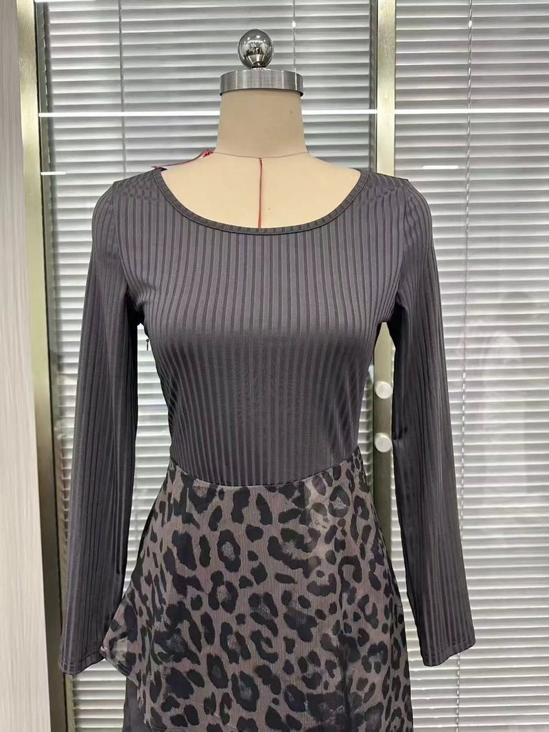 Leopard Print Patchwork Maxi Dress for Women with Long Sleeves in Charcoal Gray, bodice close-up