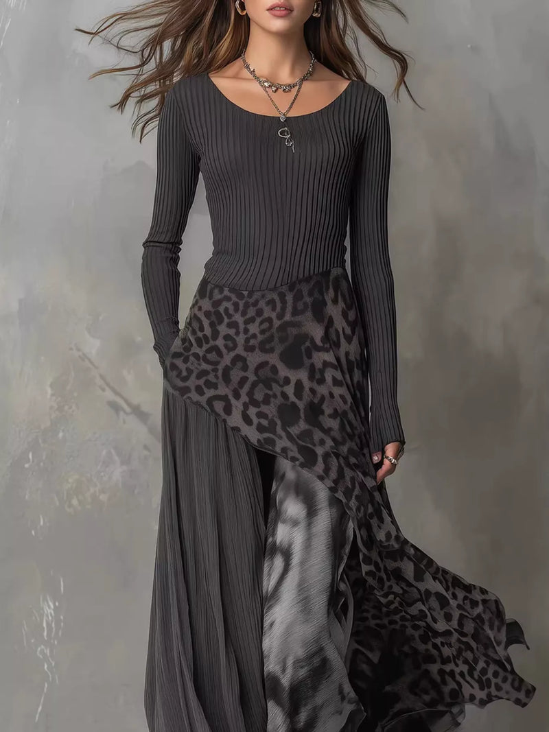 Leopard Print Patchwork Maxi Dress for Women with Long Sleeves in Charcoal Gray, close-up