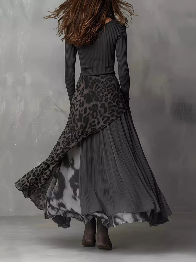 Leopard Print Patchwork Maxi Dress for Women with Long Sleeves in Charcoal Gray, full length view