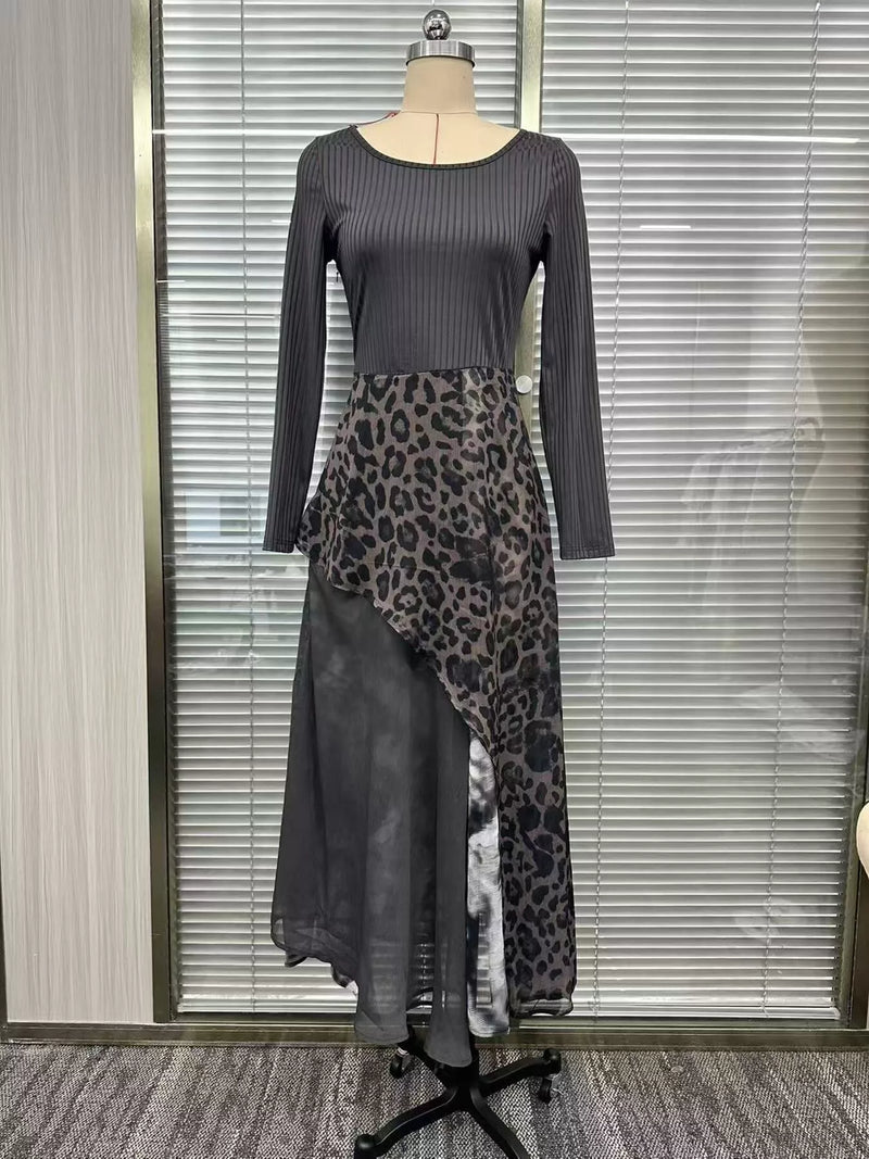 Leopard Print Patchwork Maxi Dress for Women with Long Sleeves in Charcoal Gray, mannequin front view