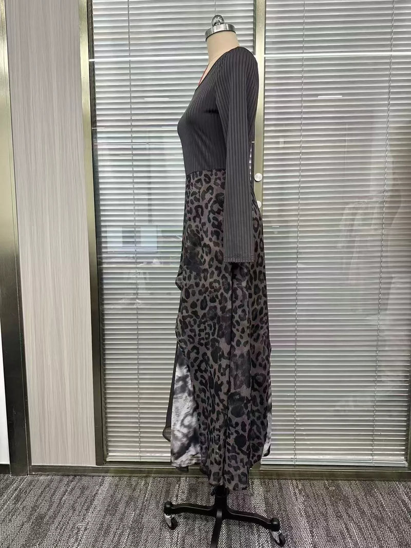 Leopard Print Patchwork Maxi Dress for Women with Long Sleeves in Charcoal Gray, mannequin side view