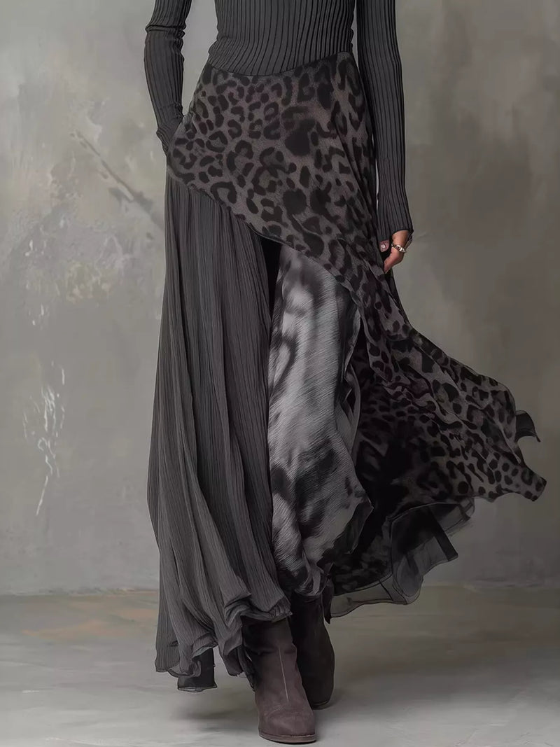 Leopard Print Patchwork Maxi Dress for Women with Long Sleeves in Charcoal Gray, skirt detail