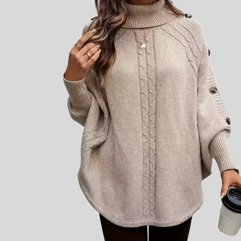Turtleneck Poncho Sweater for Women with Button Trim and Cable Knit in Beige, styled front view