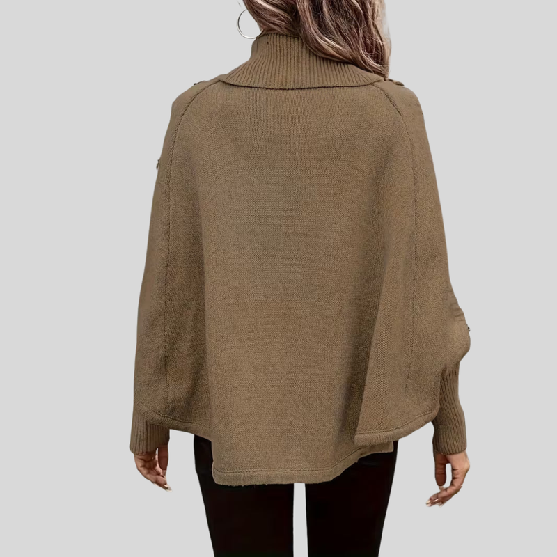 Turtleneck Poncho Sweater for Women with Button Trim and Cable Knit in Camel, back view